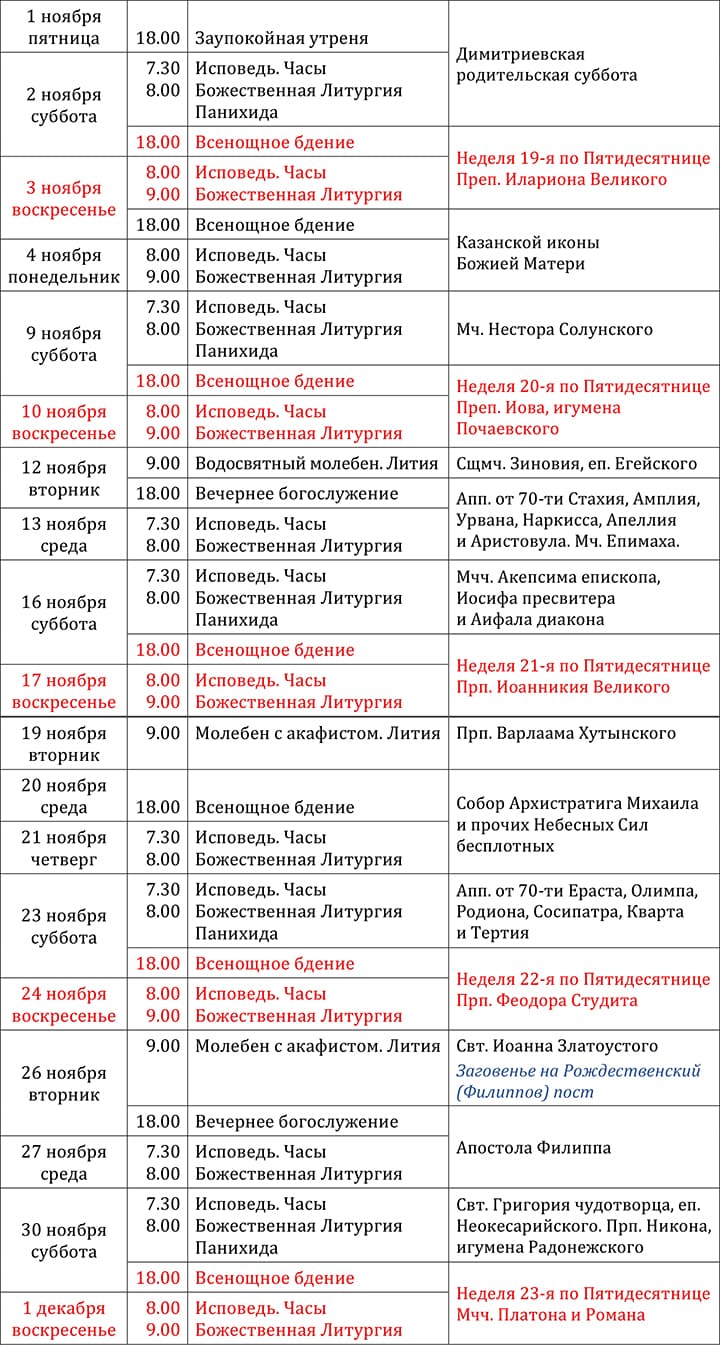 Расписание Богослужений на ноябрь 2024 года в храме вмч. и цел. Пантелеимона (территория больницы, город Черноголовка Московской области).